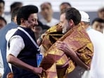 Congress leader Rahul Gandhi with Tamil Nadu Chief Minister and DMK leader M K Stalin during a rally at the conclusion of the Bharat Jodo Nyay Yatra, in Mumbai, Sunday, March 17, 2024. ((PTI Photo/Shashank Parade))