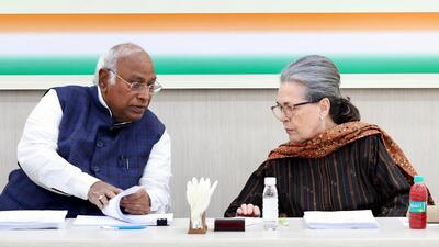 Congress president Mallikarjun Kharge with Sonia Gandhi in New Delhi on Tuesday. (ANI Photo) Congress president Mallikarjun Kharge with Sonia Gandhi in New Delhi on Tuesday. (ANI Photo)