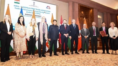 This handout photograph taken and released by the Indian Press Information Bureau (PIB) on March 10, 2024 shows Piyush Goyal (5L), India's Minister of Commerce and Industry, Consumer Affairs, Textiles, Food and Public Distribution posing with diplomats at the signing ceremony of Trade and Economic Partnership Agreement (TEPA) between India and European Free Trade Association (EFTA) in New Delhi. (AFP) This handout photograph taken and released by the Indian Press Information Bureau (PIB) on March 10, 2024 shows Piyush Goyal (5L), India's Minister of Commerce and Industry, Consumer Affairs, Textiles, Food and Public Distribution posing with diplomats at the signing ceremony of Trade and Economic Partnership Agreement (TEPA) between India and European Free Trade Association (EFTA) in New Delhi. (AFP)
