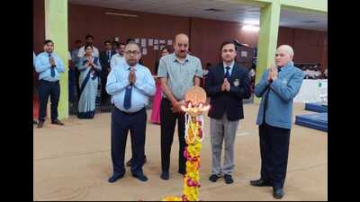 Inauguration of the Sub Junior Artistic National Gymnastics Championship under way at Khel Gaon Public School, Prayagraj on Wednesday. (HT Photo)