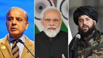 Prime Minister Narendra Modi, Pakistan's premier Shehbaz Sharif (left) and Afghanistan defence minister Mullah Yaqoob