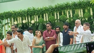 Ram Charan and Janhvi Kapoor launch their film with pooja ceremony; Chiranjeevi and Boney Kapoor were also spotted. Ram Charan and Janhvi Kapoor launch their film with pooja ceremony; Chiranjeevi and Boney Kapoor were also spotted.