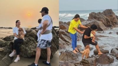 Ram Charan, Upasana and Klin Kaara at the beach. Ram Charan, Upasana and Klin Kaara at the beach.