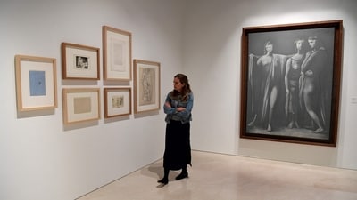 A visitor walks near an oil and charcoal painting entitled 'The Three Graces' (Paris, 1923) during the official unveiling of 'Pablo Picasso: structures of invention, the unity of a life's work' exhibition in Malaga's Picasso museum. (AFP) A visitor walks near an oil and charcoal painting entitled 'The Three Graces' (Paris, 1923) during the official unveiling of 'Pablo Picasso: structures of invention, the unity of a life's work' exhibition in Malaga's Picasso museum. (AFP)