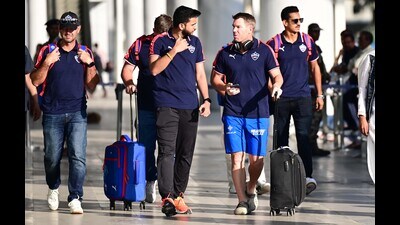 The Delhi Capitals squad arriving for the March 23 IPL match against Punjab Kings in Mohali on Wednesday. (HT) The Delhi Capitals squad arriving for the March 23 IPL match against Punjab Kings in Mohali on Wednesday. (HT)