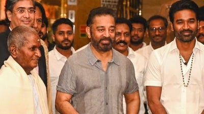 Ilaiyaraaja, Kamal Haasan and Dhanush at the poster launch of the music composer's biopic Ilaiyaraaja, Kamal Haasan and Dhanush at the poster launch of the music composer's biopic