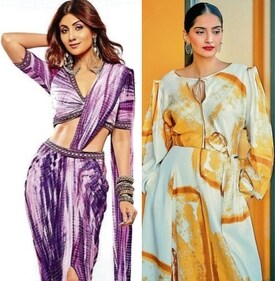 Shilpa Shetty looks svelte in her purple tie-dye sari while Sonam Kapoor Ahuja rocks a Shibori print tie-dye dress (Instagram) Shilpa Shetty looks svelte in her purple tie-dye sari while Sonam Kapoor Ahuja rocks a Shibori print tie-dye dress (Instagram)