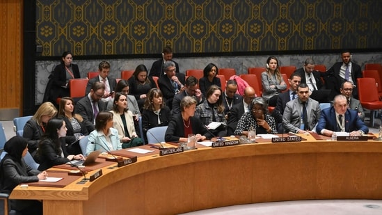 US Ambassador to the UN Linda Thomas-Greenfield listens as Algerian Ambassador to the UN Amar Bendjama speaks during a UN Security Council meeting on the Israel-Hamas war, at UN Headquarters in New York City on February 20, 2024 (Photo by ANGELA WEISS / AFP) (AFP)