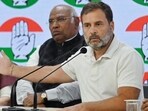 Congress President Mallikarjun Kharge and party leaders Sonia Gandhi and Rahul Gandhi brief the media, at AICC headquarters, in New Delhi (HT Photo/Raj K Raj)