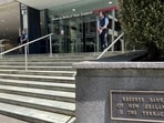 View of an entrance to the Reserve Bank of New Zealand in Wellington, New Zealand.