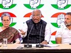 Congress President Mallikarjun Kharge with party leaders Sonia Gandhi and Rahul Gandhi briefs the media, at AICC headquarters, in New Delhi.