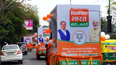 'Viksit Bharat: Modi Ki Guarantee' vehicles during their flagging off by BJP National President J P Nadda in New Delhi on February 26. (Arvind Yadav/ Hindustan Times) 'Viksit Bharat: Modi Ki Guarantee' vehicles during their flagging off by BJP National President J P Nadda in New Delhi on February 26. (Arvind Yadav/ Hindustan Times)