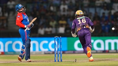Delhi Capitals batter Prithvi Shaw is bowled out by Kolkata Knight Riders bowler Varun Chakravarthy (PTI) Delhi Capitals batter Prithvi Shaw is bowled out by Kolkata Knight Riders bowler Varun Chakravarthy (PTI)