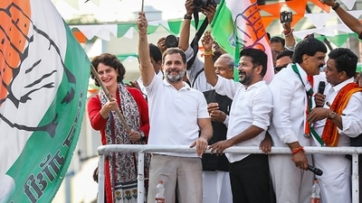 Hyderabad: Congress leader Rahul Gandhi with party's general secretary Priyanka Gandhi and other leaders during a roadshow ahead of the Telangana Assembly elections, at Malkajgiri in Hyderabad, Tuesday, Nov. 28, 2023. (PTI) Hyderabad: Congress leader Rahul Gandhi with party's general secretary Priyanka Gandhi and other leaders during a roadshow ahead of the Telangana Assembly elections, at Malkajgiri in Hyderabad, Tuesday, Nov. 28, 2023. (PTI)