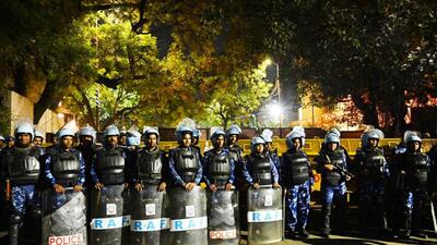 Security personnel outside Kejriwal's residence on Thursday. (Arvind Yadav/HT Photo) Security personnel outside Kejriwal's residence on Thursday. (Arvind Yadav/HT Photo)