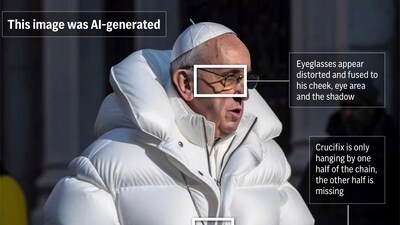 The following photo-illustrated graphic highlights a few notable areas of an AI-deepfake of Pope Francis. (AP)