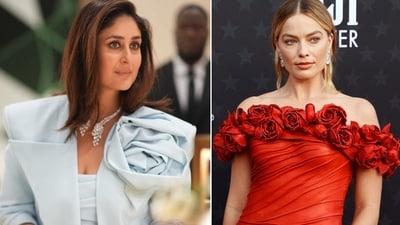Kareena Kapoor Khan wears a large rosette on the shoulder of her blue gown, while Margot Robbie has a bunch of rosettes along the neckline of her red gown (Instagram) Kareena Kapoor Khan wears a large rosette on the shoulder of her blue gown, while Margot Robbie has a bunch of rosettes along the neckline of her red gown (Instagram)