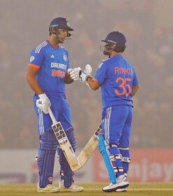 Shivam Dube and Rinku Singh celebrate their partnership during the 1st T20I against Afghanistan at Punjab Cricket Association Stadium in Mohali (ANI) Shivam Dube and Rinku Singh celebrate their partnership during the 1st T20I against Afghanistan at Punjab Cricket Association Stadium in Mohali (ANI)