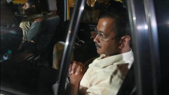 Delhi chief minister Arvind Kejriwal being taken away by ED following his arrest on Thursday. (HT Photo)