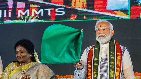 Prime Minister Narendra Modi during foundation stone laying and inauguration of various projects, in Sangareddy, Tuesday, March 5, 2024. Telangana Governor Tamilisai Soundararajan is also seen. (PTI)