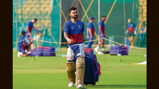 Royal Challengers Bangalore player Virat Kohli during a training session ahead of the Indian Premier League (IPL) 2024 cricket tournament, at M. Chinnaswamy Stadium in Bengaluru, on Tuesday. (PTI)