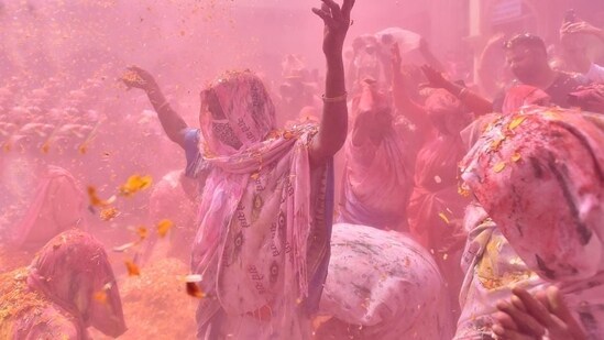 Historical Significance: Vrindavan's widows' Holi celebration carries historical significance, challenging age-old taboos and providing a platform for marginalized women to embrace the festival with dignity and pride.&nbsp;(HT Photo/Raj K Raj)