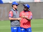 Rishabh Pant (R) interacting with Sourav Ganguli of Delhi Capitals during the practice session at Maharaja Yadavindra Singh Stadium Rishabh Pant (R) interacting with Sourav Ganguli of Delhi Capitals during the practice session at Maharaja Yadavindra Singh Stadium