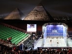 A squash court sits before the Great Pyramids of Giza, during the PSA women's world championship in 2019. (Getty Images)