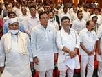 Karnataka chief minister Siddaramaiah with state deputy chief minister DK Shivakumar, state home minister G Parameshwara, Congress general secretary Randeep Surjewala and others in January. (ANI) Karnataka chief minister Siddaramaiah with state deputy chief minister DK Shivakumar, state home minister G Parameshwara, Congress general secretary Randeep Surjewala and others in January. (ANI)