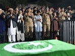 President of Pakistan Asif Ali Zardari, Chief of Army Staff (COAS) of Pakistan Asim Munir, and General Sahir Shamshad Mirza, Chairman Joint Chiefs of Staff Committee (JCSC), along with others attend the funeral of Lieutenant Colonel Syed Kashif Ali, 39 and Captain Muhammad Ahmed Badar, 23, after according to the military, militants attacked a military post in Mir Ali, North Waziristan district in Pakistan near Afghanistan early on Saturday using a vehicle laden with explosives as well as suicide bombs, during the funeral at Chaklala Garrison, Rawalpindi, Pakistan March 17, 2024. Inter-Services Public Relations (ISPR)/Handout via REUTERS 