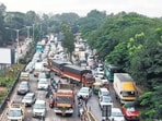 The picture shows traffic congestion in Bengaluru. 