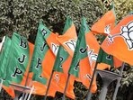 BJP flags at the party headquarter in New Delhi.(HT File Photo)