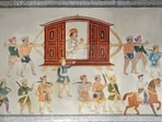 Portrait of banker Vakhatchand Jhaveri and retinue
Painted on the  inner marble wall of the Jain temple Ajithnath Derasar Jhaveriwada, Vaghan Pol, Ahmedabad
