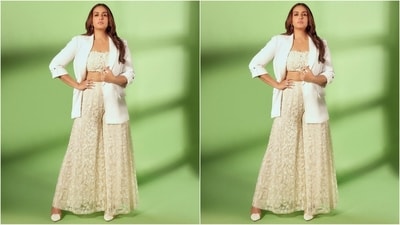 Huma's outfit is from clothing brand Asaga and features an ivory bralette top adorned with an enchanting floral pattern. She teamed it with matching sharara pants and a chic white blazer that complemented her look perfectly. (Instagram/@iamhumaq) Huma's outfit is from clothing brand Asaga and features an ivory bralette top adorned with an enchanting floral pattern. She teamed it with matching sharara pants and a chic white blazer that complemented her look perfectly. (Instagram/@iamhumaq)