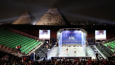 A squash court sits before the Great Pyramids of Giza, during the PSA women's world championship in 2019. (Getty Images) A squash court sits before the Great Pyramids of Giza, during the PSA women's world championship in 2019. (Getty Images)