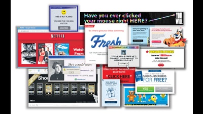 At top right, the first ad on the internet, an AT&T banner from 1994. Elsewhere, the pop-ups and spam that came soon after. Today’s infiltration is much more subtle, customised, based on data often gathered without the user’s overt knowledge. At top right, the first ad on the internet, an AT&T banner from 1994. Elsewhere, the pop-ups and spam that came soon after. Today’s infiltration is much more subtle, customised, based on data often gathered without the user’s overt knowledge.