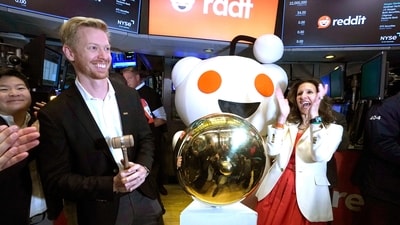 Reddit IPO: Reddit CEO Steve Huffman and New York Stock Exchange (NYSE) president Lynn Martin take part in the bell-ringing ceremony as Reddit begins trading on the New York Stock Exchange (NYSE) in New York. (AFP) Reddit IPO: Reddit CEO Steve Huffman and New York Stock Exchange (NYSE) president Lynn Martin take part in the bell-ringing ceremony as Reddit begins trading on the New York Stock Exchange (NYSE) in New York. (AFP)