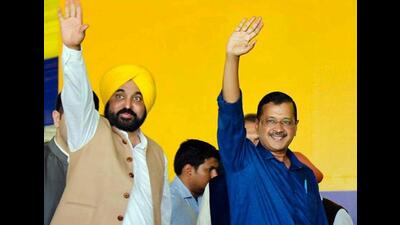 Delhi chief minister and AAP convener Arvind Kejriwal with Punjab CM Bhagwant Mann during the recent Vikas Kranti rally in Hoshiarpur. Kejriwal was arrested by the Enforcement Directorate in an excise policy-linked money laundering case in New Delhi on Thursday night. (PTI file photo) Delhi chief minister and AAP convener Arvind Kejriwal with Punjab CM Bhagwant Mann during the recent Vikas Kranti rally in Hoshiarpur. Kejriwal was arrested by the Enforcement Directorate in an excise policy-linked money laundering case in New Delhi on Thursday night. (PTI file photo)