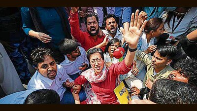 Delhi minister Atishi at the protest on Friday. (Sachit Khanna/HT Photo) Delhi minister Atishi at the protest on Friday. (Sachit Khanna/HT Photo)