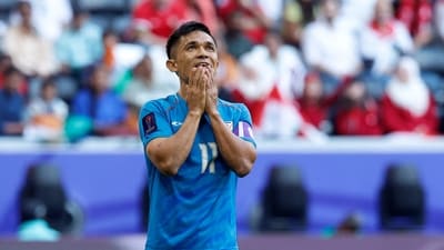 Sunil Chhetri reacts during the match. (AFP) Sunil Chhetri reacts during the match. (AFP)