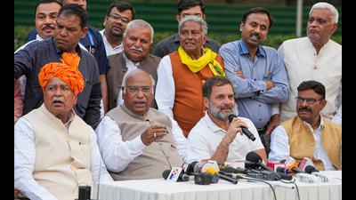 For Representation Only: Congress President Mallikarjun Kharge and party leader Rahul Gandhi address the media after meeting SC, ST and OBC leaders of the INDIA bloc, in New Delhi, Friday (PTI)