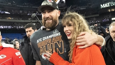 FILE - Kansas City Chiefs tight end Travis Kelce and Taylor Swift walk together after an AFC Championship NFL football game between the Chiefs and the Baltimore Ravens, Jan. 28, 2024, in Baltimore.. Taylor Swift, who is holding concerts in Japan, will make it in time for the Super Bowl to see her partner and football superstar Travis Kelce play. (AP Photo/Julio Cortez, File) (AP) FILE - Kansas City Chiefs tight end Travis Kelce and Taylor Swift walk together after an AFC Championship NFL football game between the Chiefs and the Baltimore Ravens, Jan. 28, 2024, in Baltimore.. Taylor Swift, who is holding concerts in Japan, will make it in time for the Super Bowl to see her partner and football superstar Travis Kelce play. (AP Photo/Julio Cortez, File) (AP)