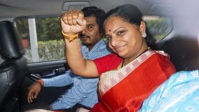 BRS leader K Kavitha being taken to the Enforcement Directorate (ED) office after she was produced before the Rouse Avenue Court in connection with the Delhi excise policy-linked money laundering case in New Delhi on March 15. (PTI) BRS leader K Kavitha being taken to the Enforcement Directorate (ED) office after she was produced before the Rouse Avenue Court in connection with the Delhi excise policy-linked money laundering case in New Delhi on March 15. (PTI)