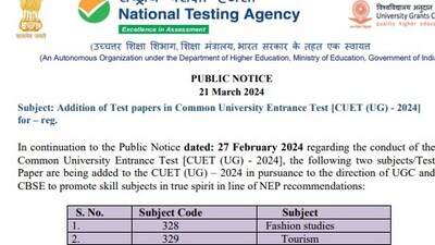 CUET UG 2024: NTA adds two additional subjects - Fashion studies and Tourism. CUET UG 2024: NTA adds two additional subjects - Fashion studies and Tourism.