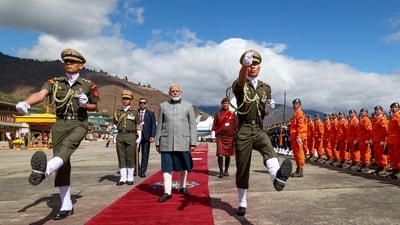 Prime Minister Narendra Modi receives guard of honour on his arrival at Paro International Airport in Bhutan, on Friday. (ANI) Prime Minister Narendra Modi receives guard of honour on his arrival at Paro International Airport in Bhutan, on Friday. (ANI)