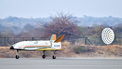 RLV Pushpak during its autonomous landing. (X/ISRO) RLV Pushpak during its autonomous landing. (X/ISRO)
