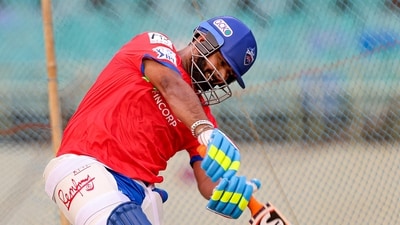 Delhi Capitals captain Rishabh Pant plays a shot during a practice session ahead of the Indian Premier League (IPL) 2024 match vs Punjab Kings (PTI)