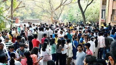 Students wait to cast their votes at JNU on Friday. (ANI) Students wait to cast their votes at JNU on Friday. (ANI)