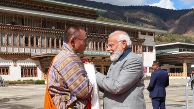 Tshering Tobgay personally welcomed PM Modi with an embrace on his arrival at Paro. (Narendra Modi | Official X account) Tshering Tobgay personally welcomed PM Modi with an embrace on his arrival at Paro. (Narendra Modi | Official X account)