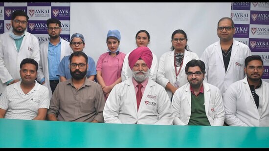 A team of doctors explaining how they carried the first cadaver transplant in the state in Ludhiana on Friday. (Manish/HT)